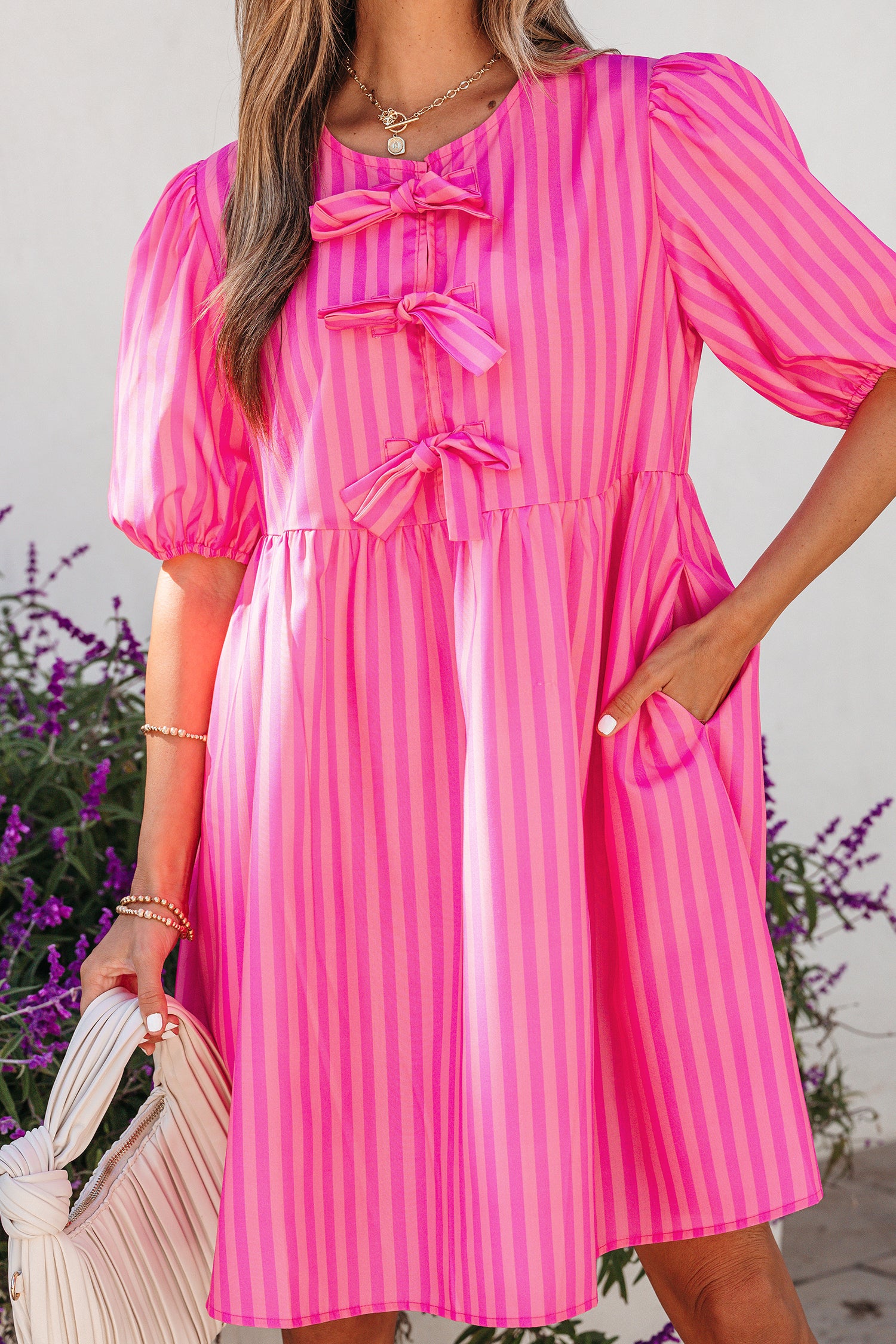 Rose Striped Print Bow Detail Short Puff Sleeve Mini Dress