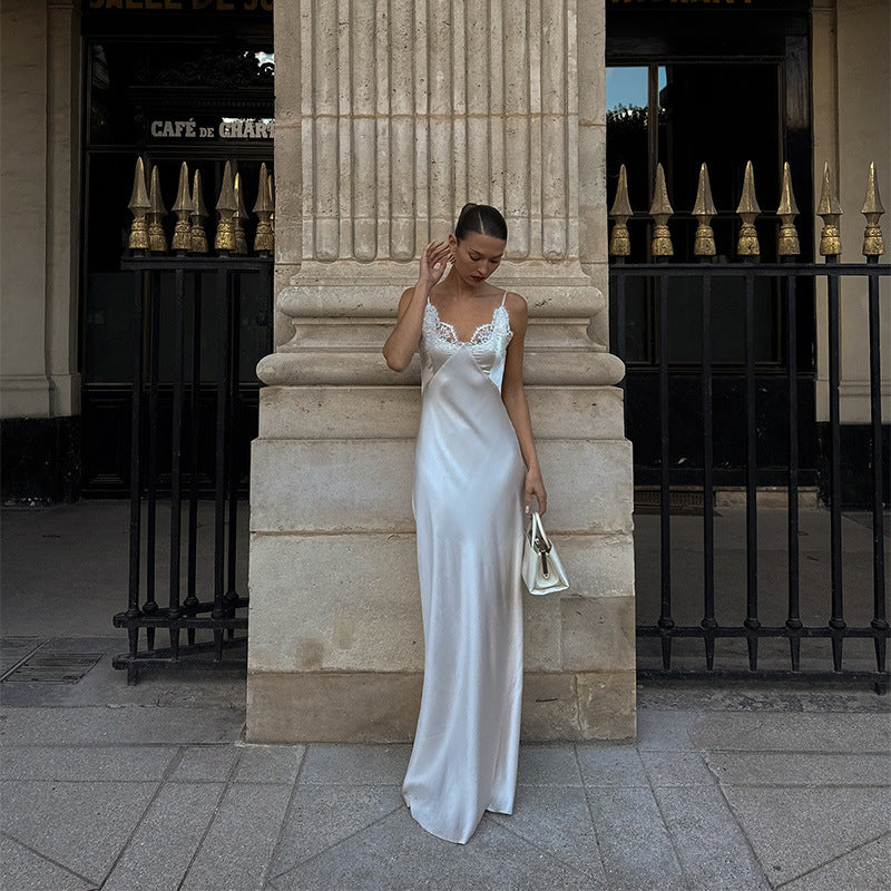 V-neck Lace-panel Long Satin Slip Dress