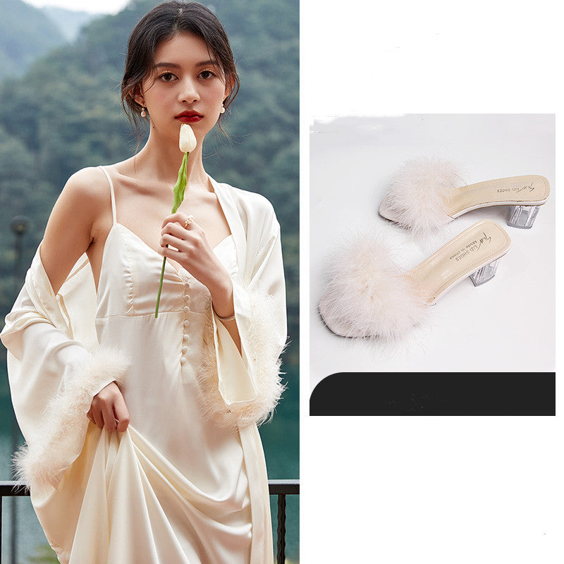 Bride's Ice Silk Cuff Feather Decoration Wedding Morning Robe