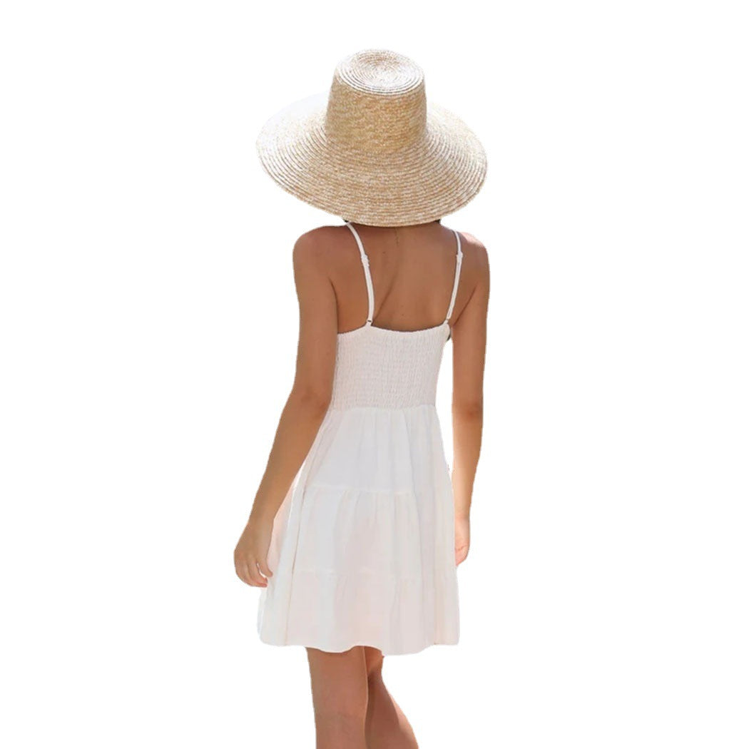 V-neck Solid Color Suspender Dress