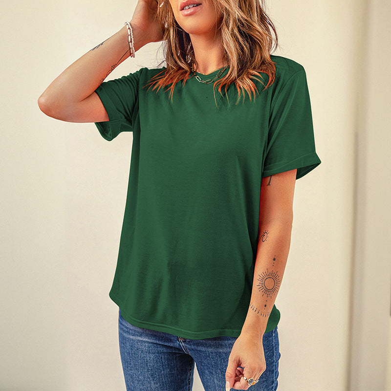 Solid-color Casual T-shirt Pullover Crew-neck Top For Women
