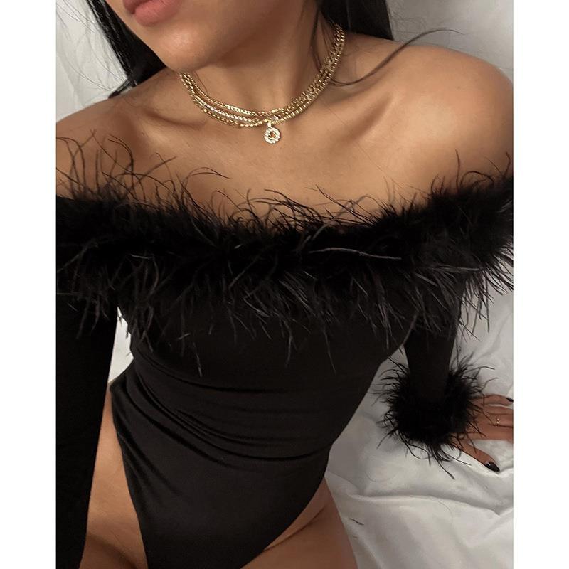 American-style Form-fitting Furry Off-shoulder Long-sleeve Jumpsuit For Outerwear
