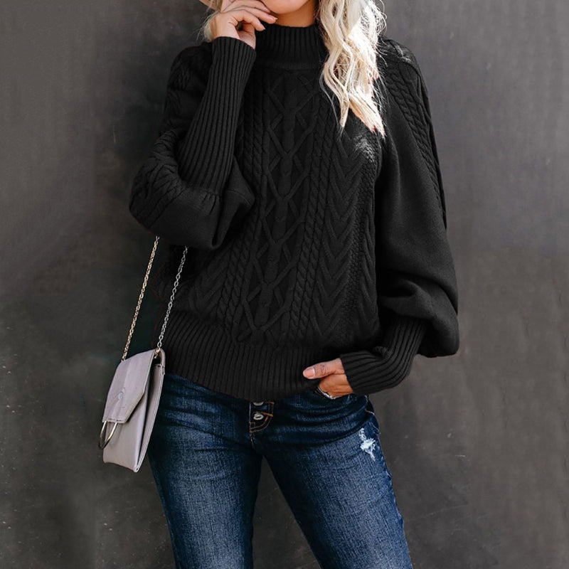 Women's Loose-fitting Long-sleeved Knit Sweater With Mid-neck - Solid Color