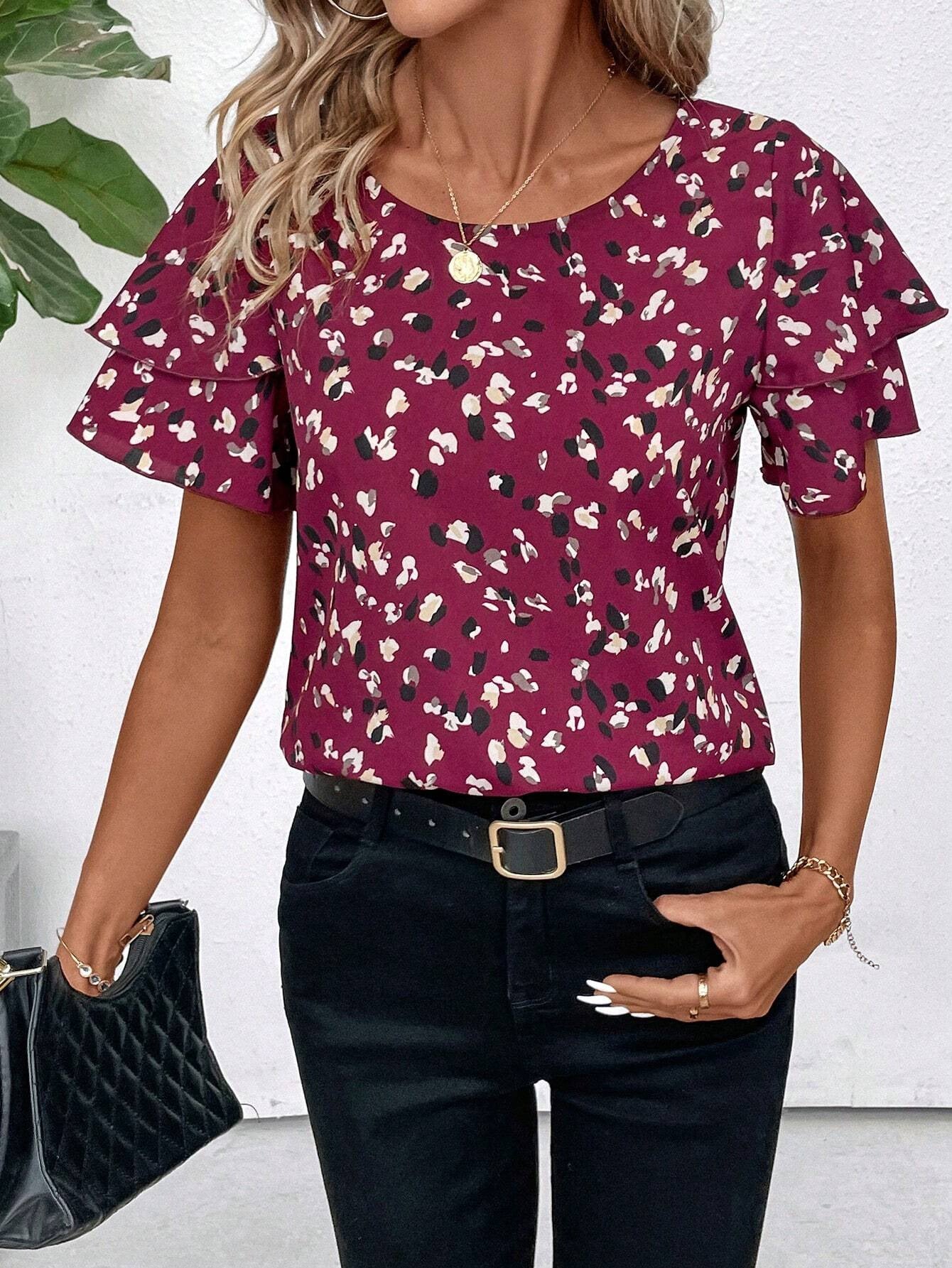 Round Neck Stitching Short Sleeve Loose Printed Top For Women
