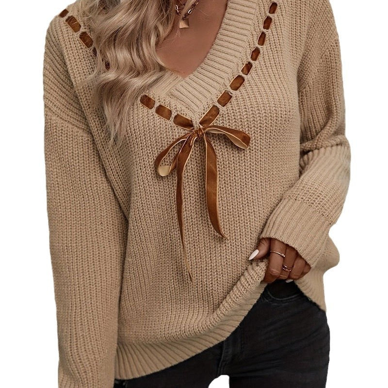 Sweater V-neck Bow Tie Versatile Pullover Top Women