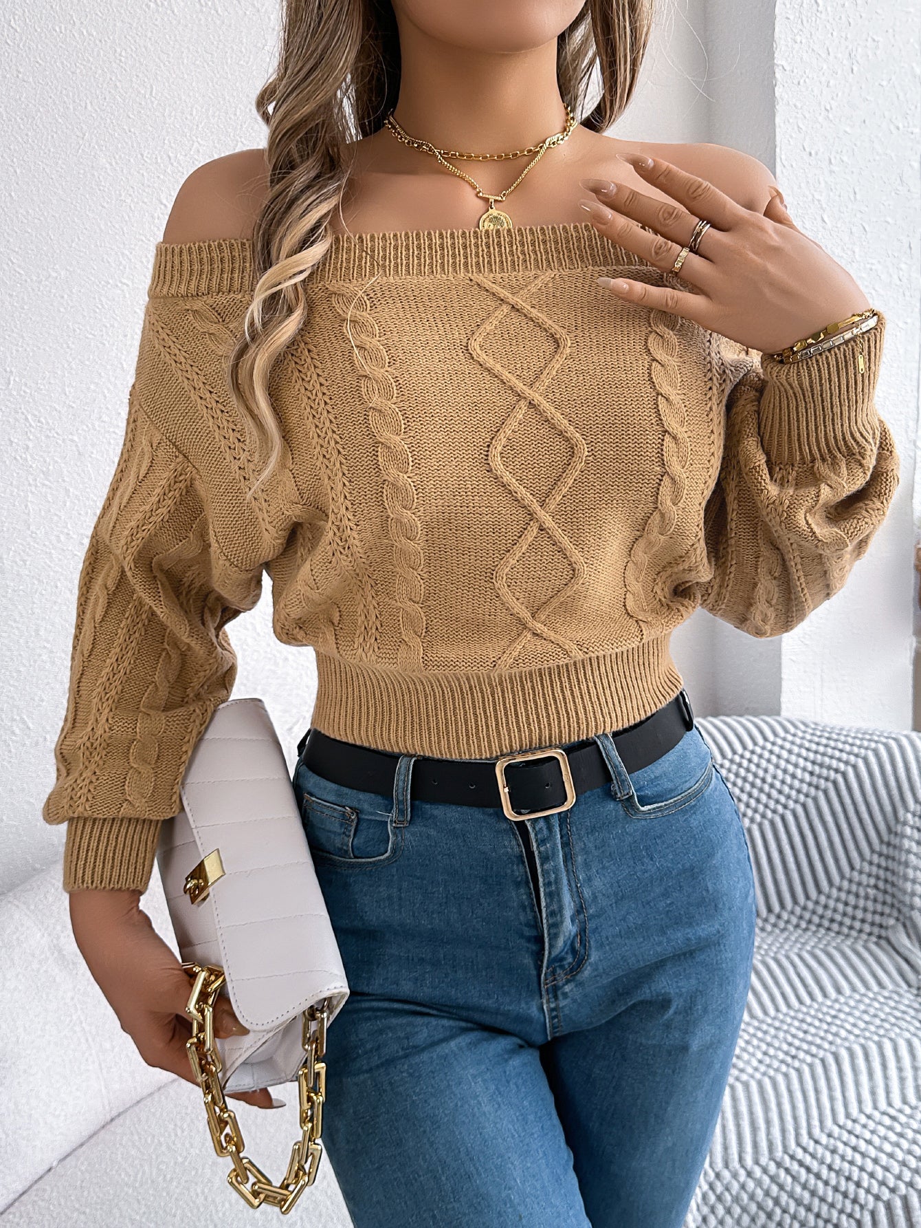Women Casual Solid Color Off-Shoulder V-Neck Long Sleeve Pullover Sweater