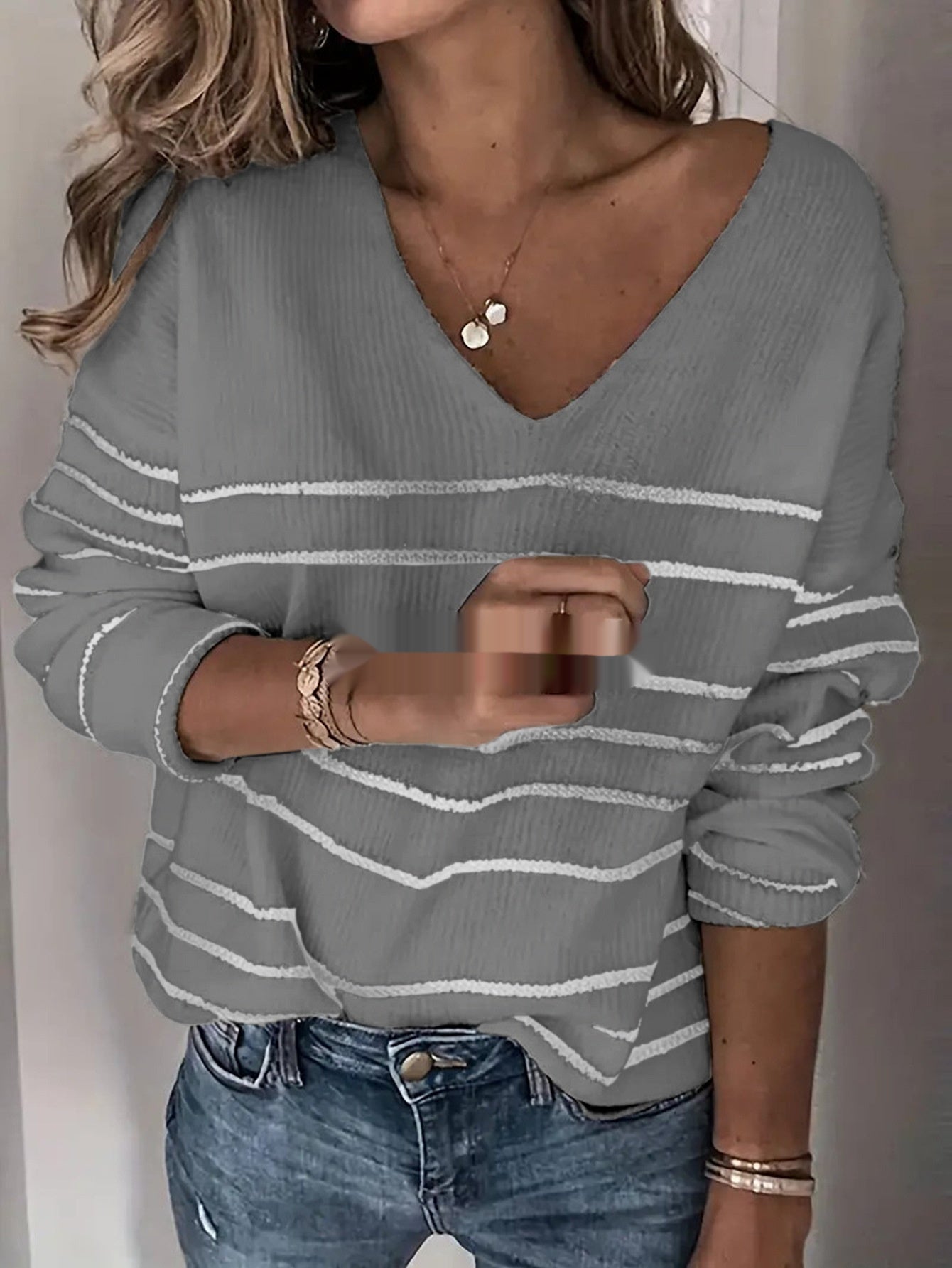 Knitted Striped V-neck Sweater For Women