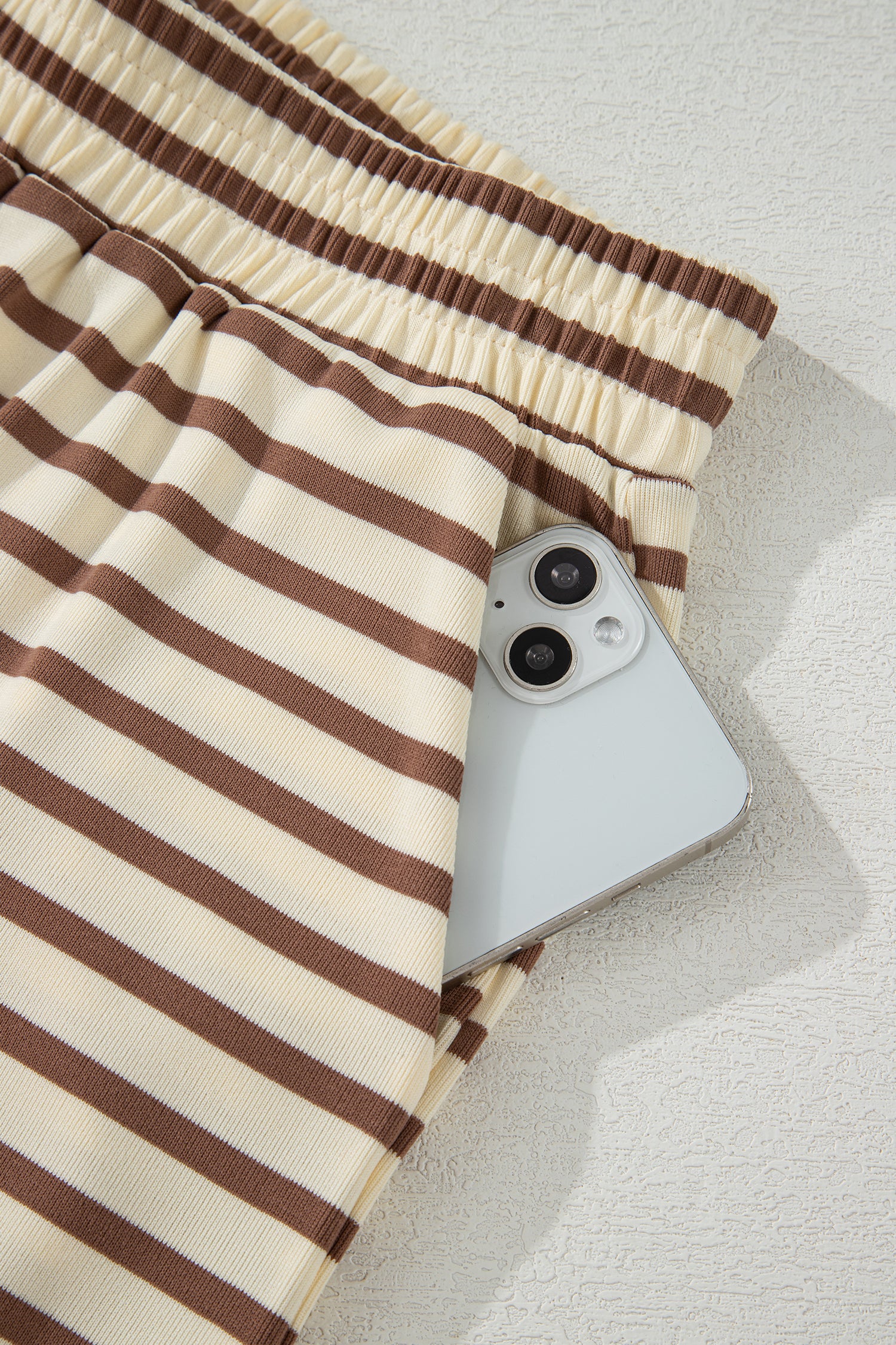 Brown Stripe Half Buttons Top and Shorts Set