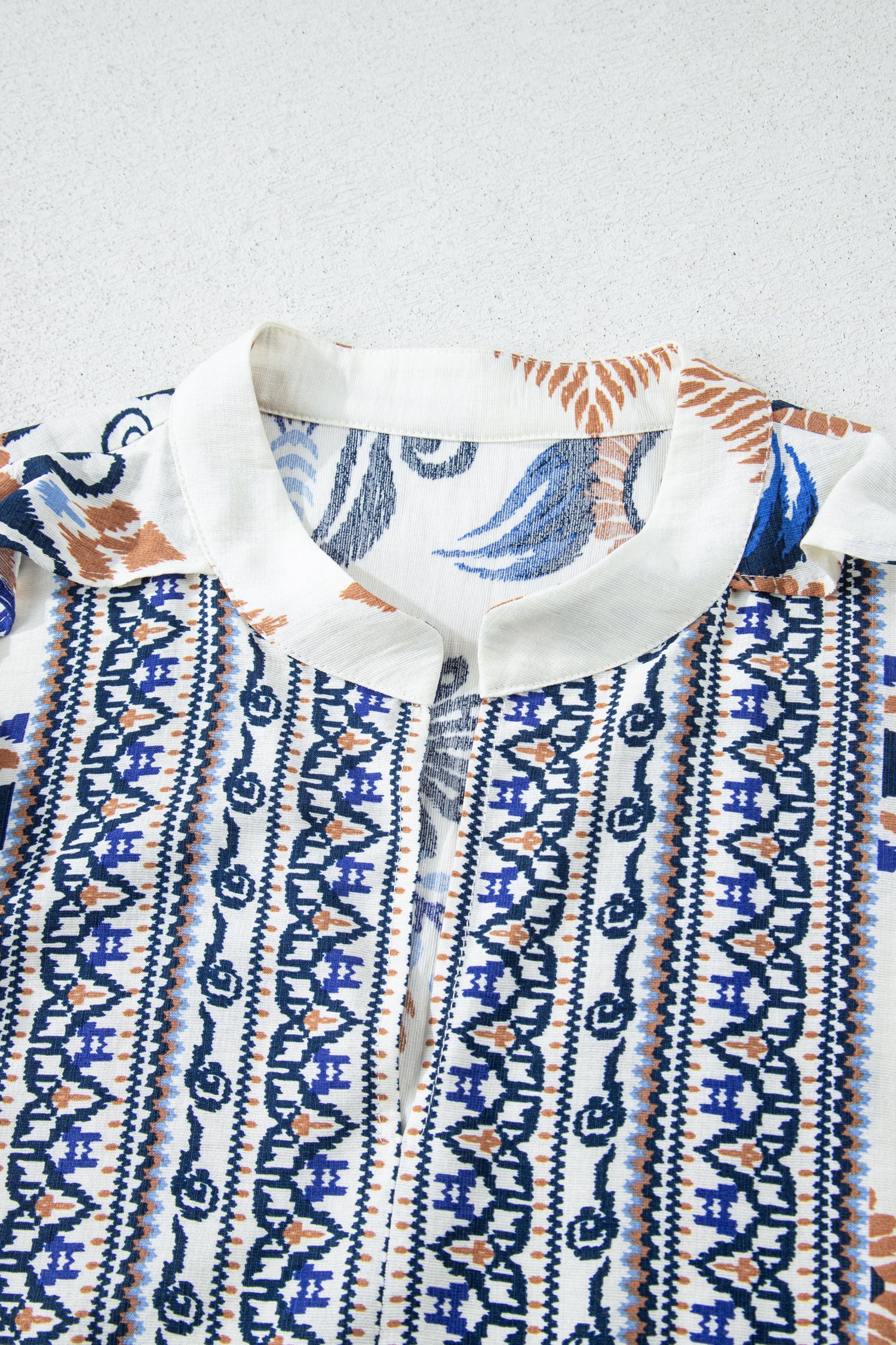 Sky Blue Plus Size Boho Print Split Neck Long Sleeve Mini Dress