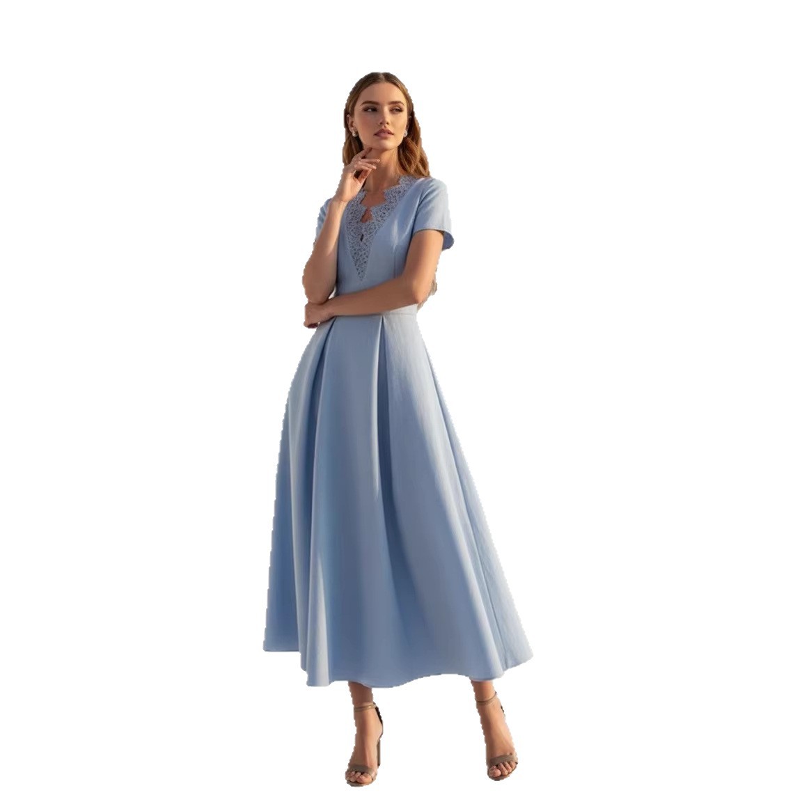 Womens French-Style V-Neck Lace-Waisted Short-Sleeve Dress