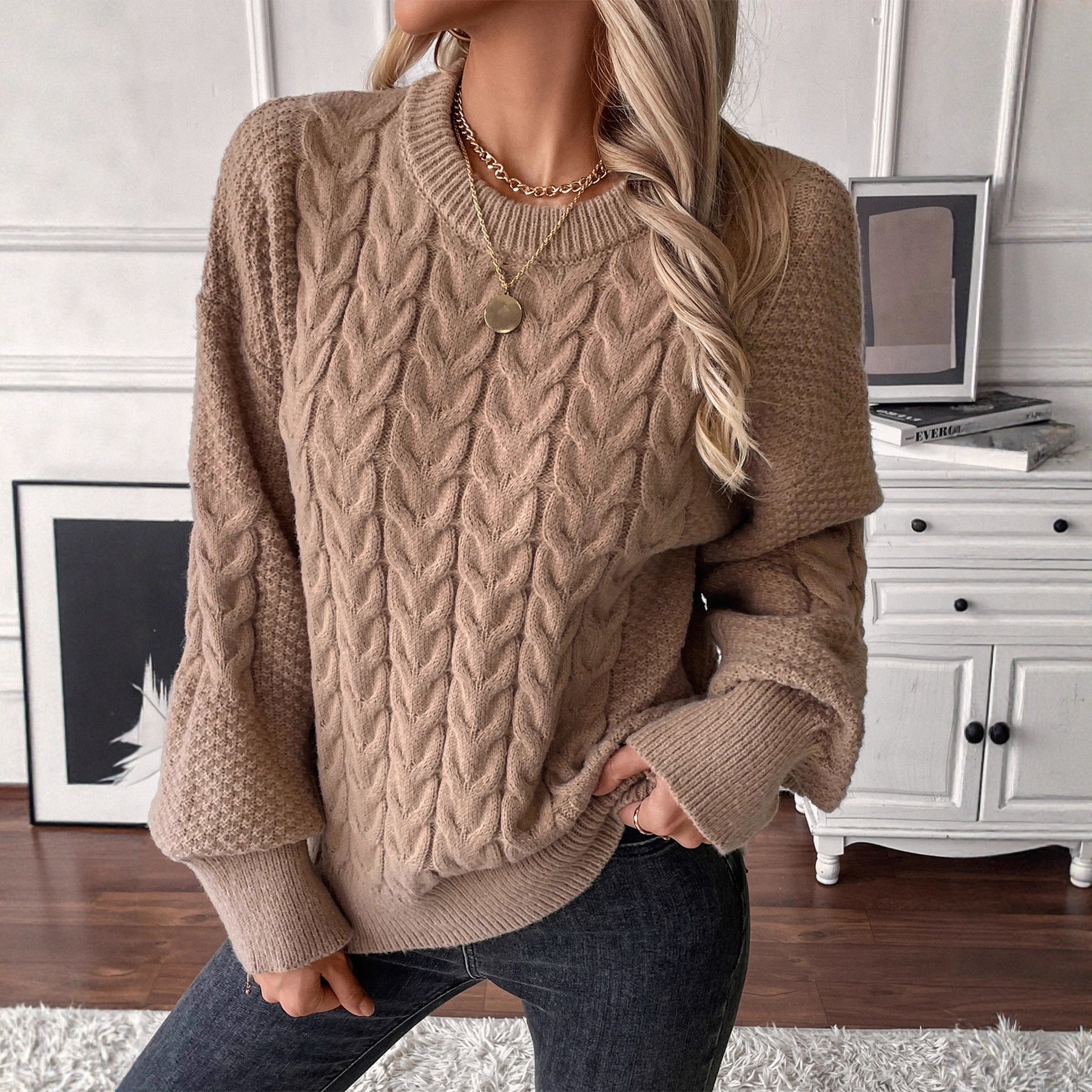 Women's Round Neck Solid Color Twist Casual Loose Sweater