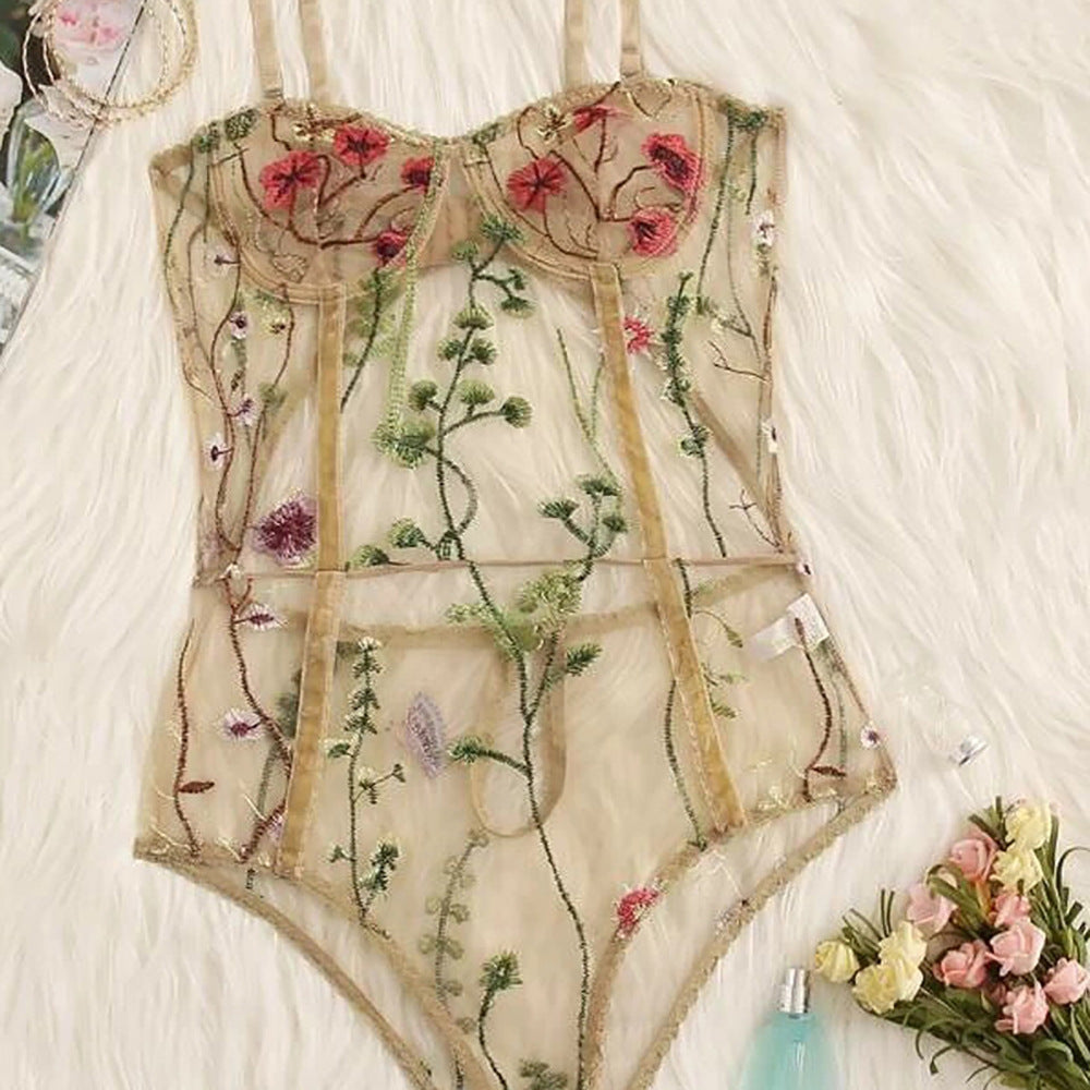 Women's Fashion Flower Embroidery Bodysuit