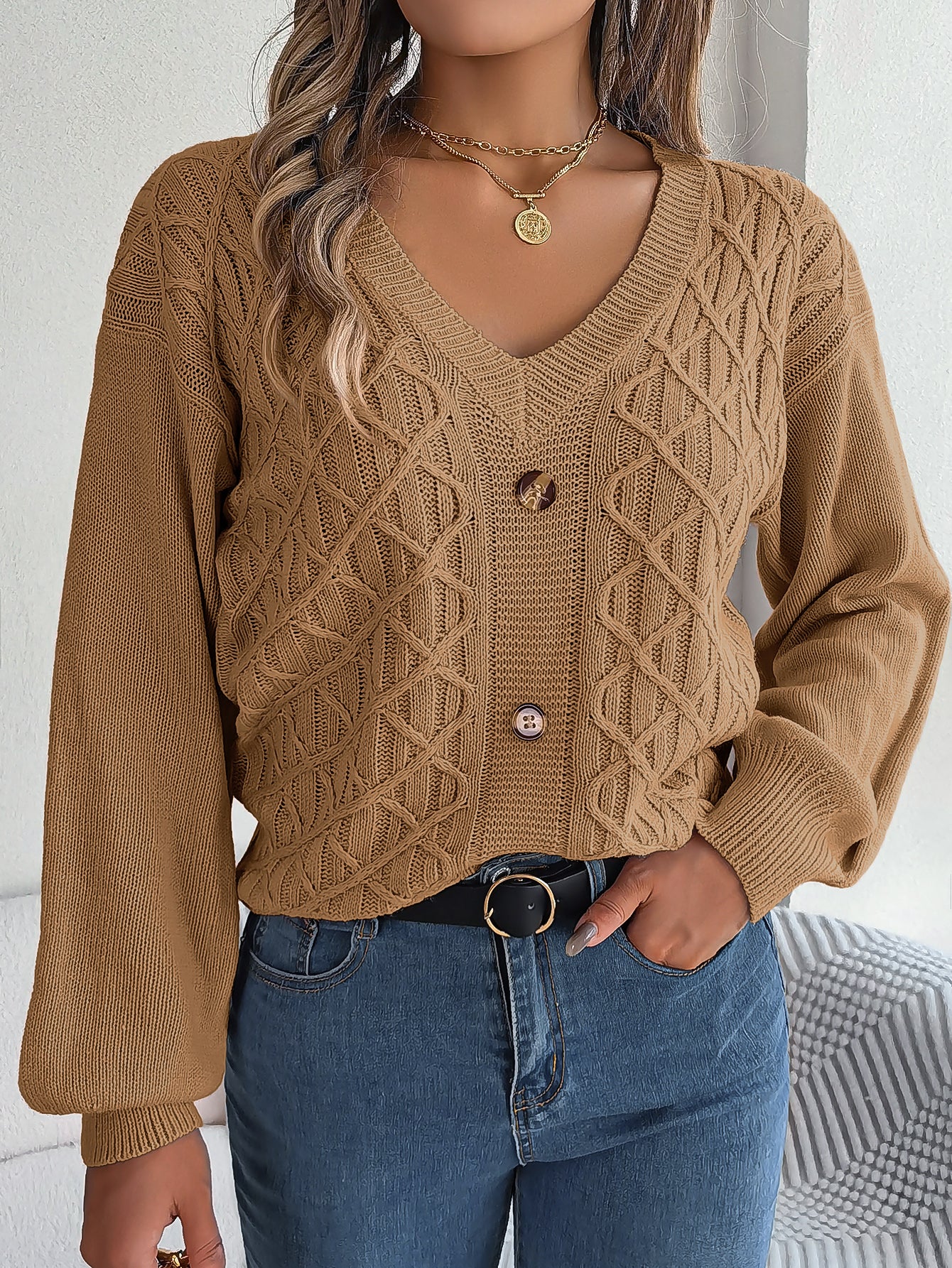 Women Casual Button Cable Knit Lantern Sleeve Pullover Sweater