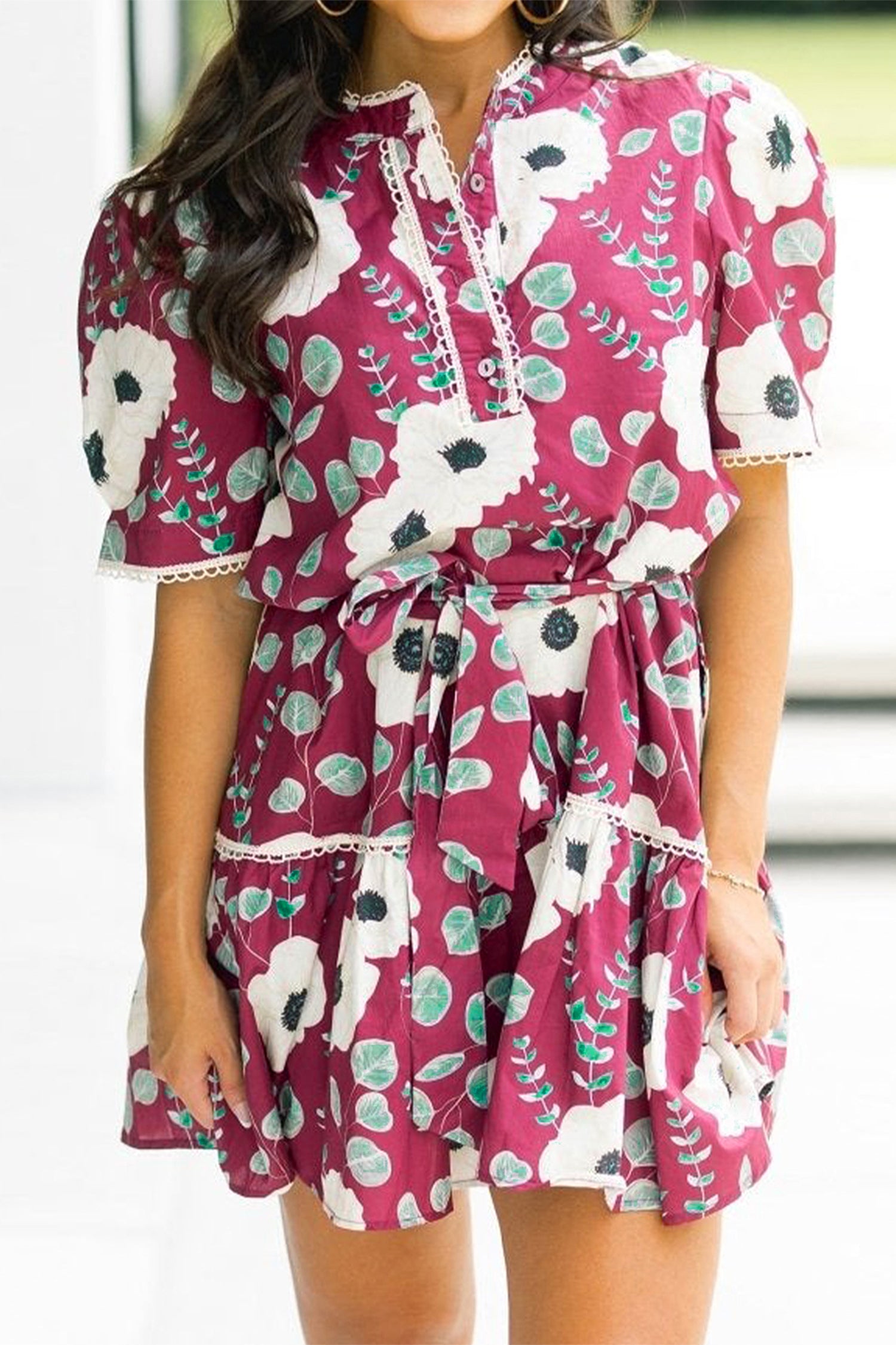 Red Floral Print Trimmed Short Puff Sleeve Mini Dress with Belt