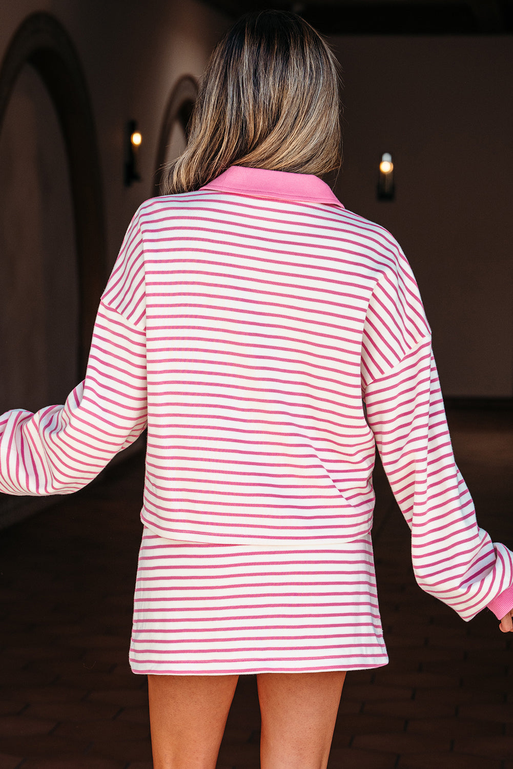 Pink Stripe Collared V Neck Drop Shoulder Pullover and Skort 2pcs Outfit