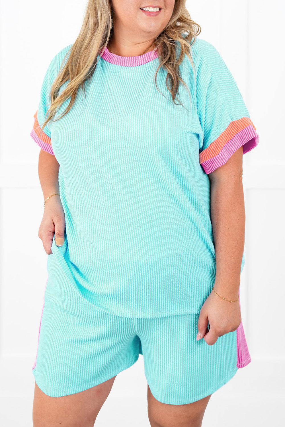 Light Blue Plus Size Color Block Corded Knit Tee and Shorts Set