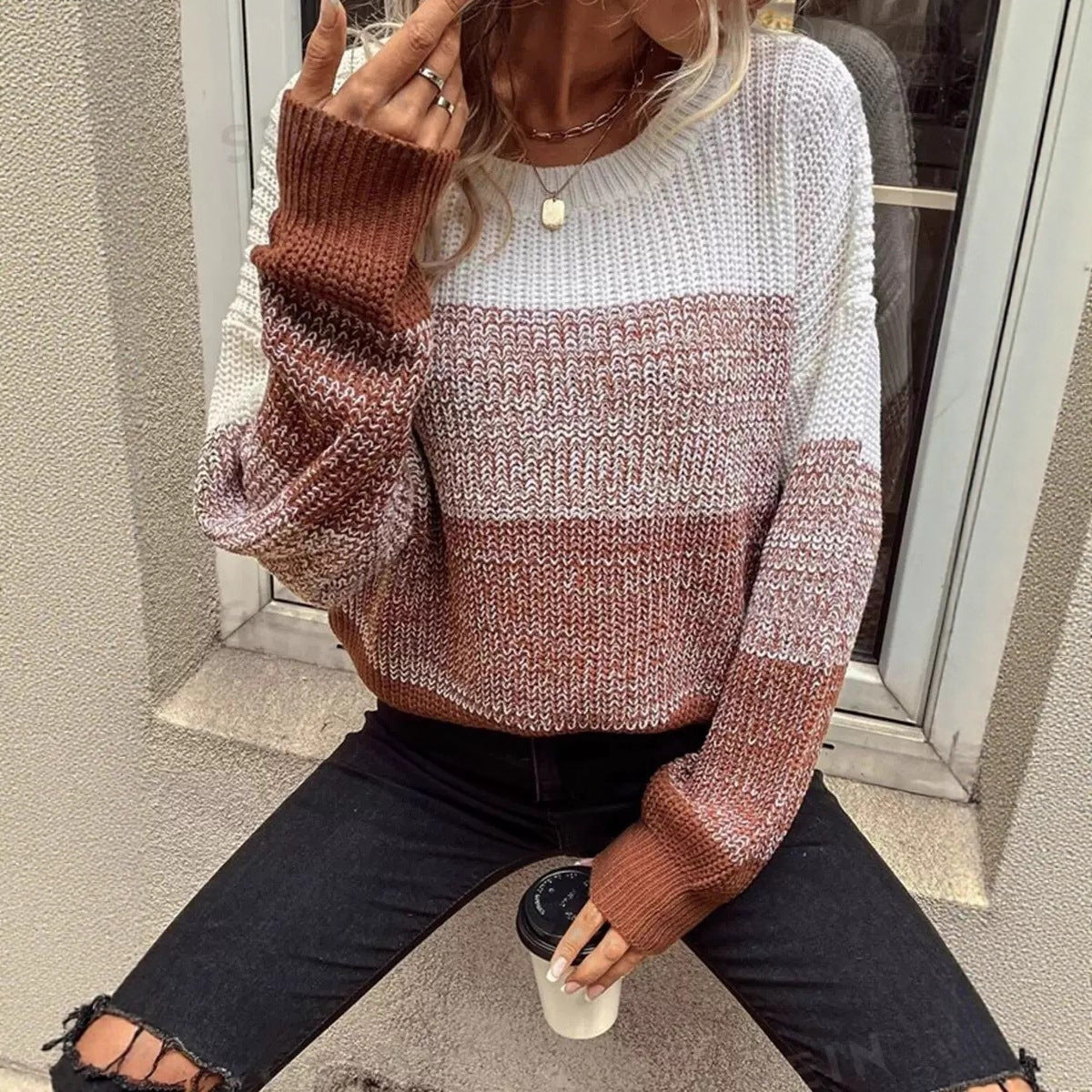 Women's Round-neck Loose Patchwork Color-block Knit Long-sleeve Sweater