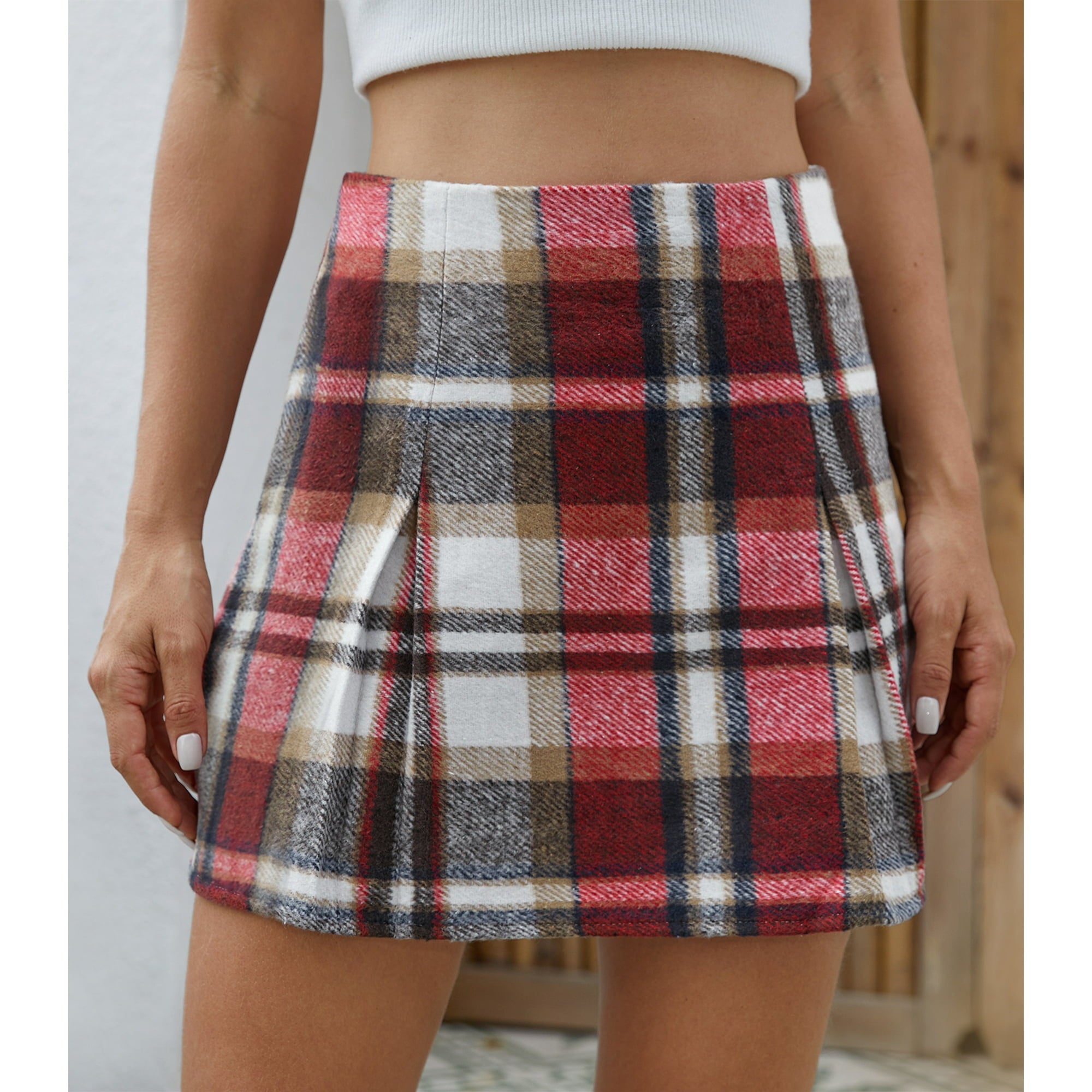 Ladies' Elastic Band Plaid Pleated Skirt