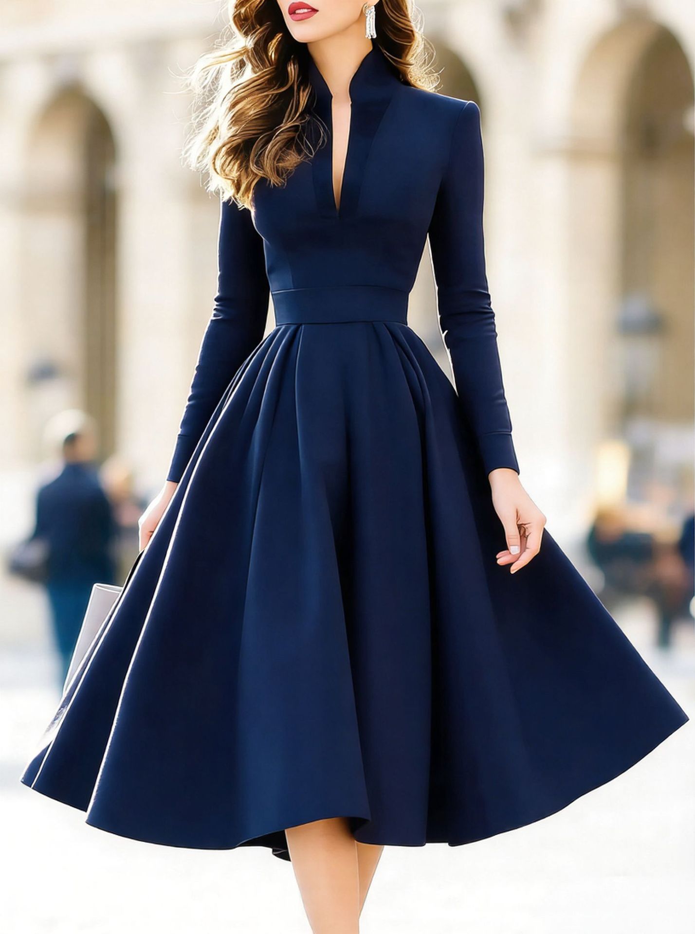 Stylish And Elegant V-neck Satin Long-sleeve Dress With A Tie Waist