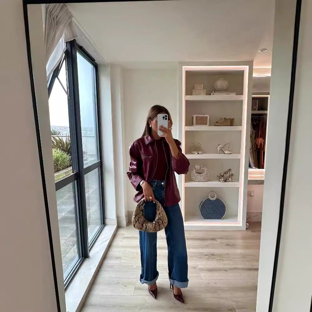 Women's Lapel Zipper Leather Coat