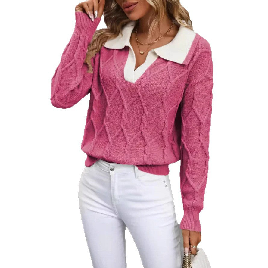 Women's Lapel Long Sleeve Contrast Color Knitted Sweater