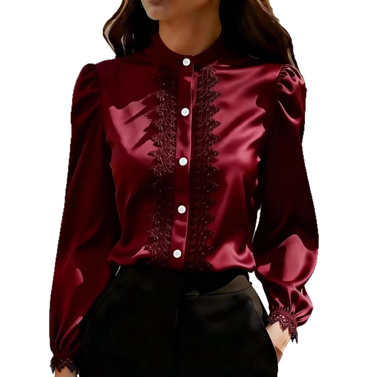 Satin Lace-Patchwork Stand-Collar Shirt Top For Women