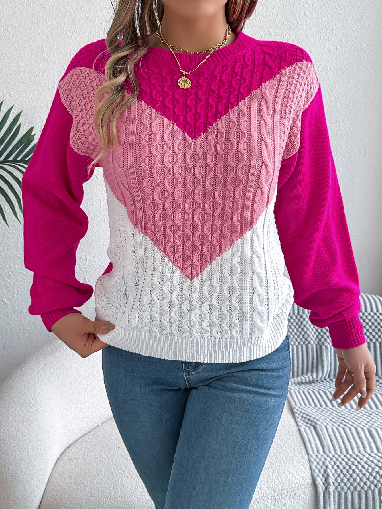 Women Casual Color Block Cable Knit Lantern Sleeve Pullover Sweater