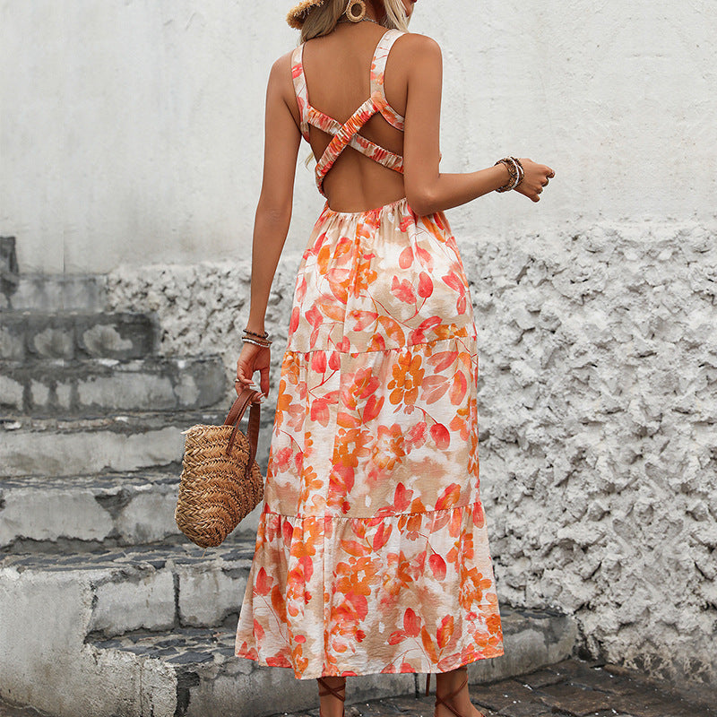 Backless Strap Dress V Neck Slip Dress With Floral Print