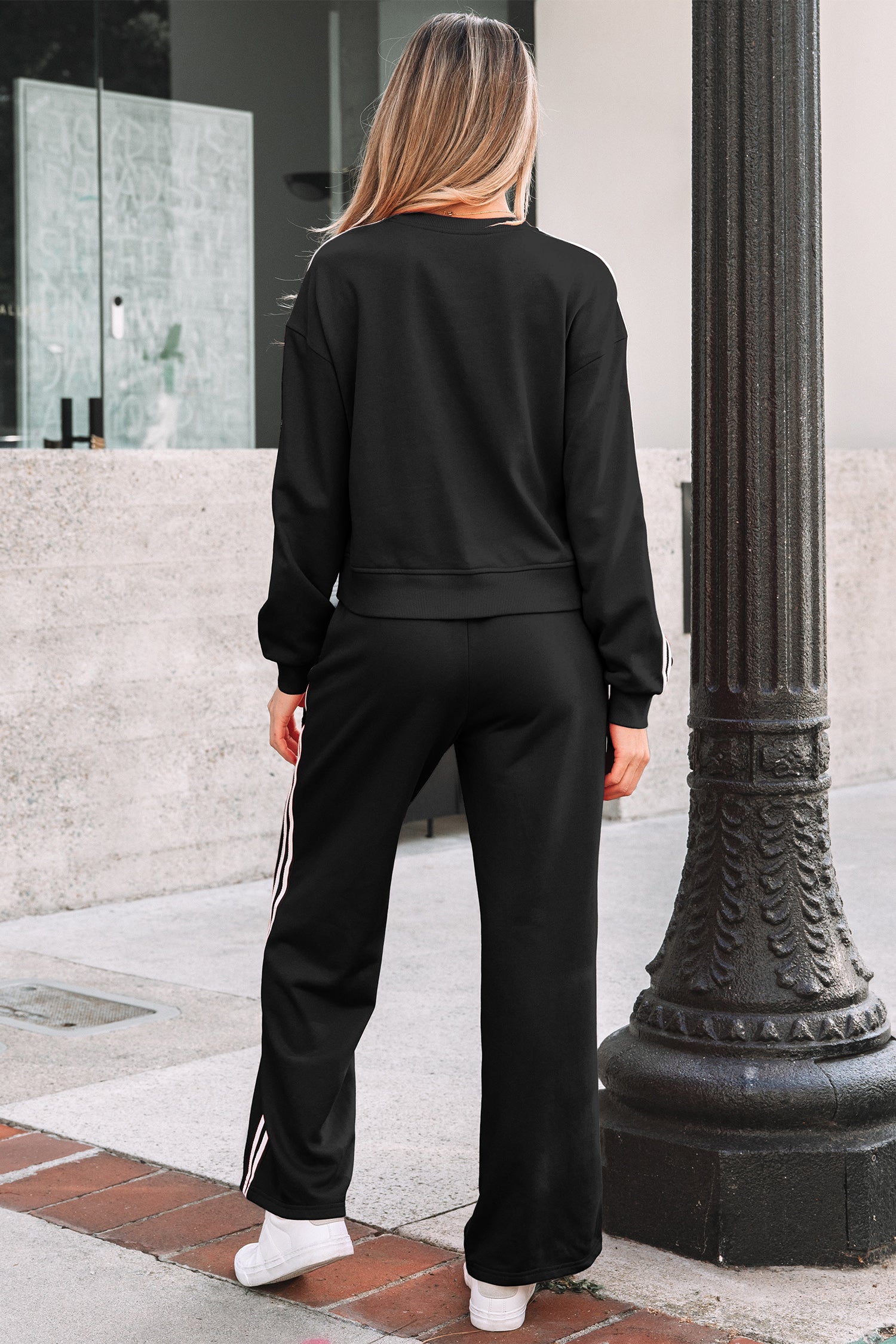 Black Varsity Striped Detail Crewneck Pullover Elastic Sweatpants 2pcs Outfit