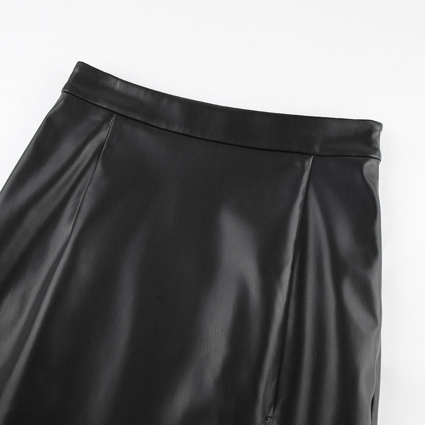 European And American Leisure Split High Waist Leather Skirt
