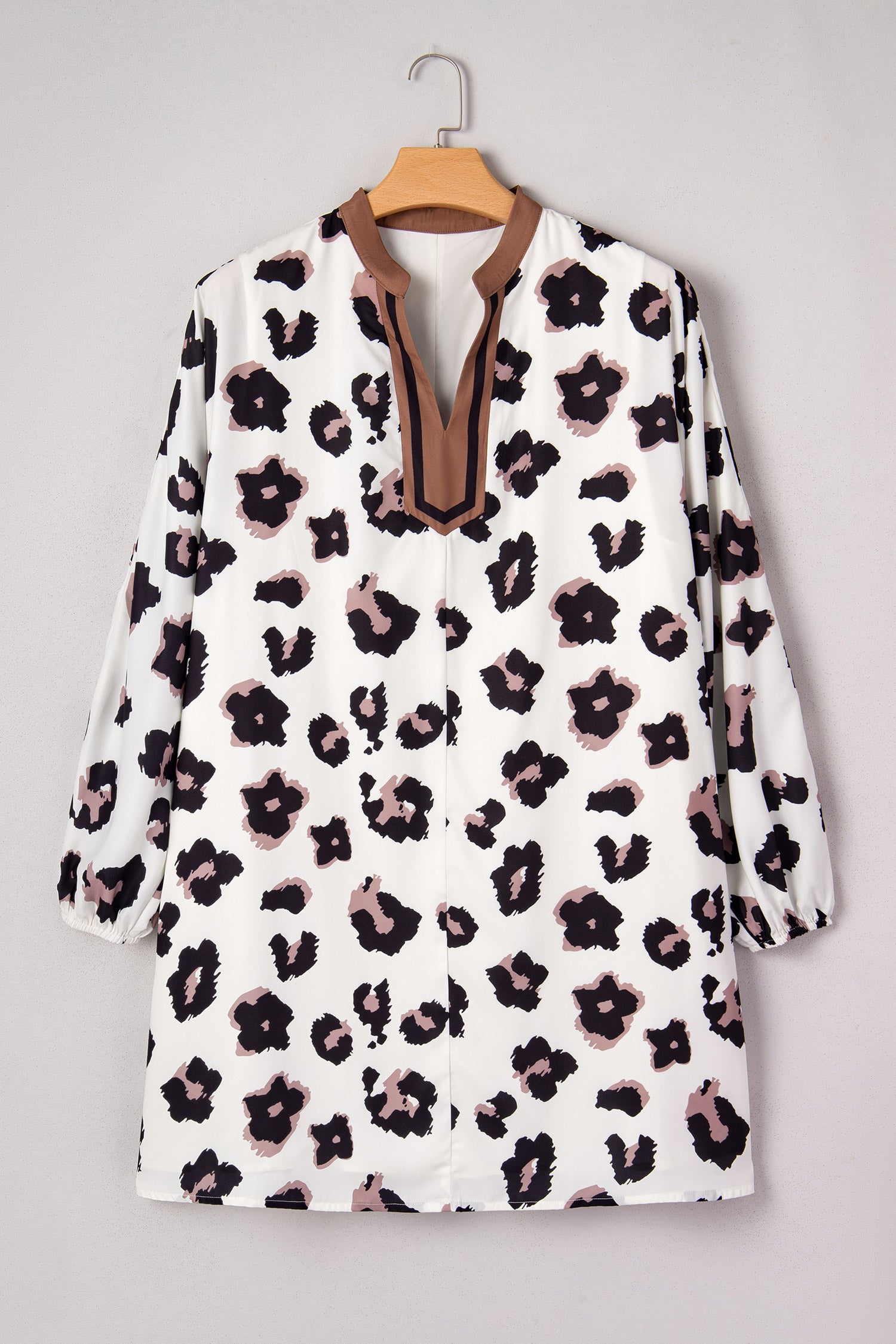 Khaki Leopard Print Contrast V Neck Plus Size Shift Mini Dress