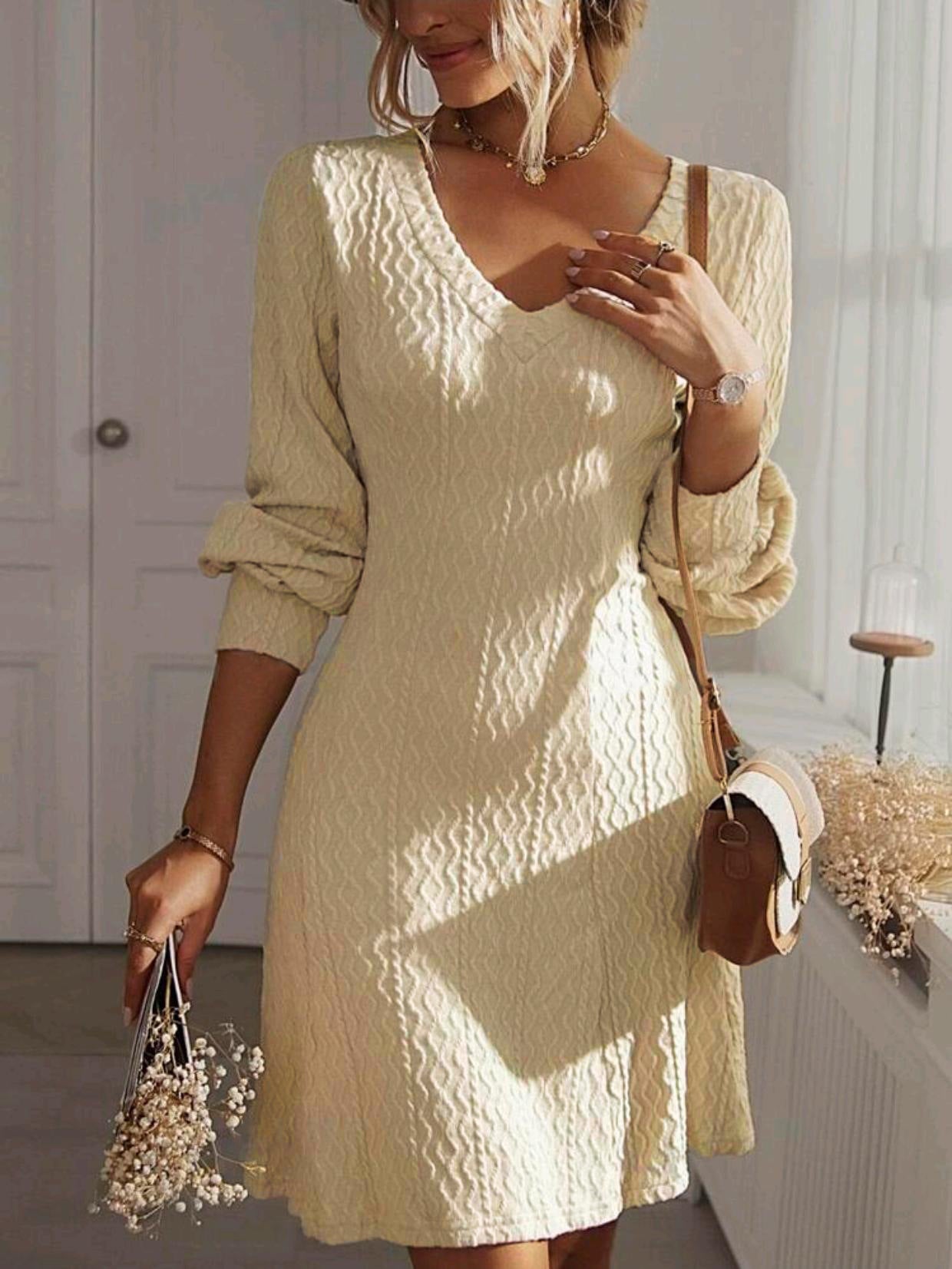 V-neck Textured Long Sleeve Elegant Dress
