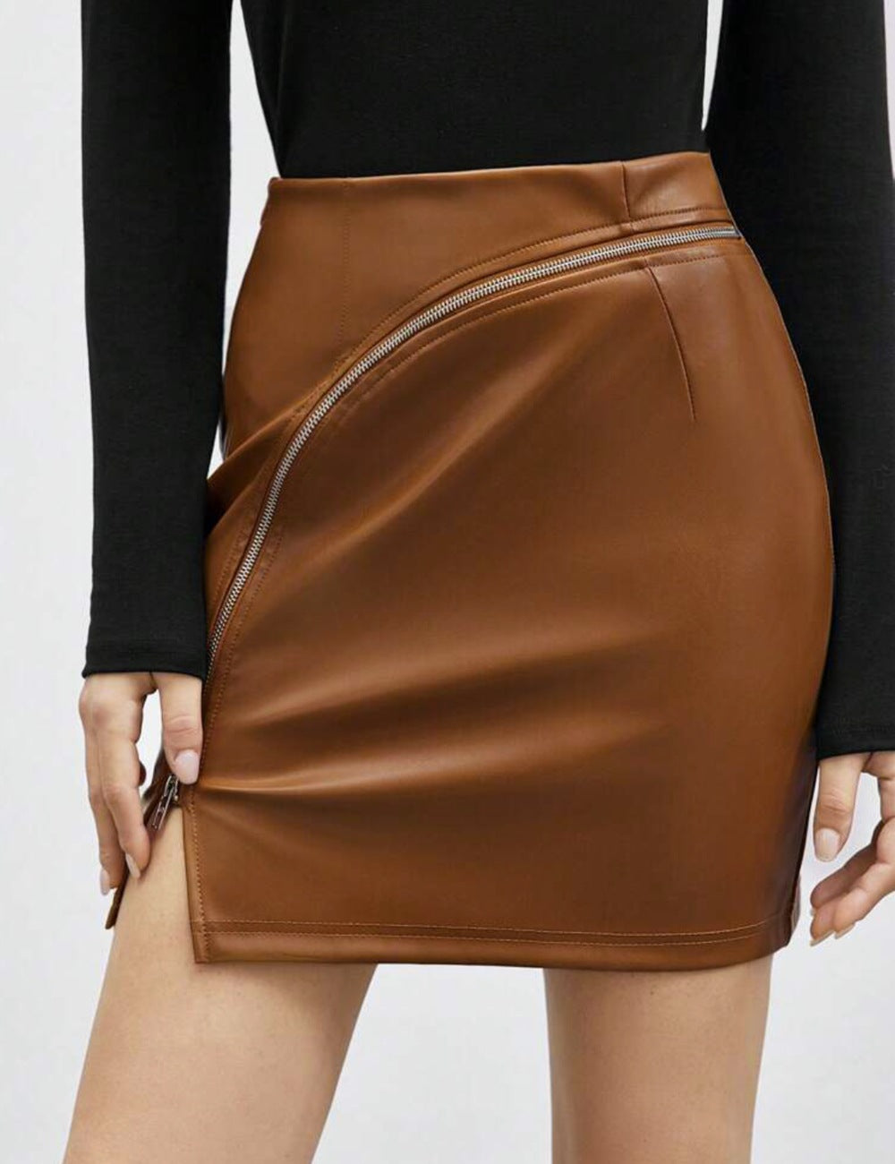 Hip-hugging Patchwork Skirt With A Zipper And Slit