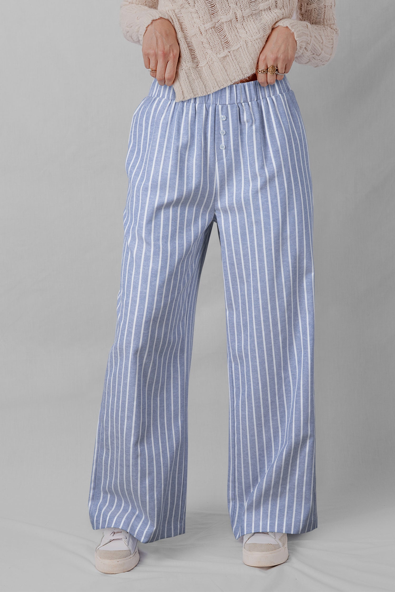 Sky Blue Stripe Buttoned Detail Loose Casual Pants