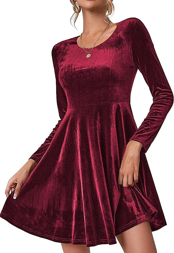 Womens Solid-Color Long-Sleeve Crew-Neck Velvet Maxi Dress For Valentines Day