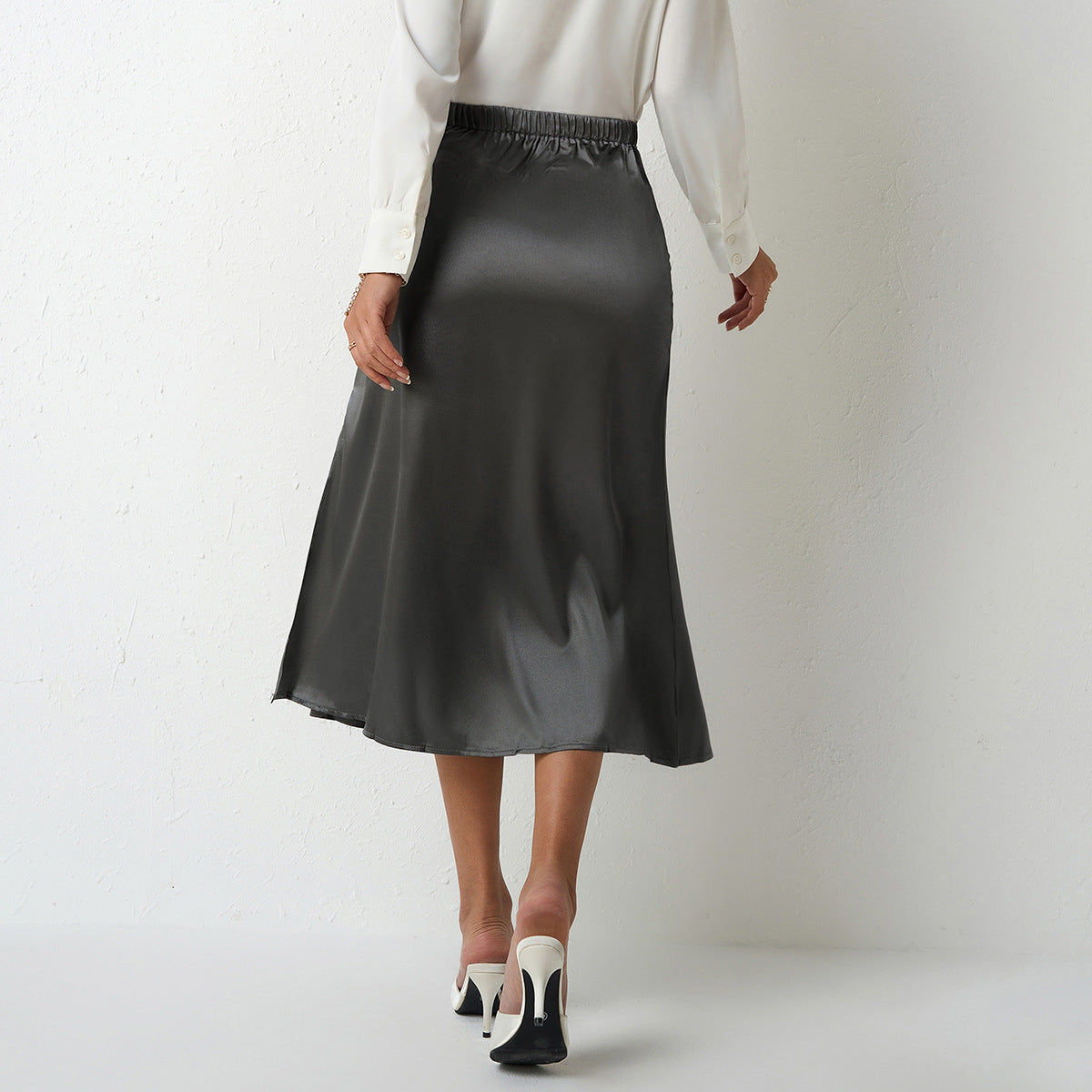Popular Satin Midi Summer Long Slit Office Skirt