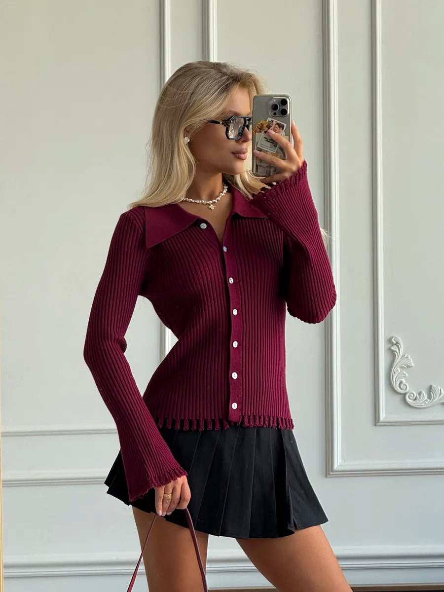 Button-front Long-sleeve Fringed Knit Sweater For Women