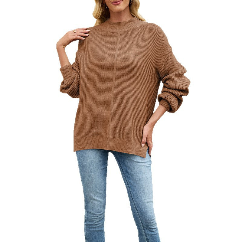Knitted Solid Color Half Collar Loose Pullover New Sweater