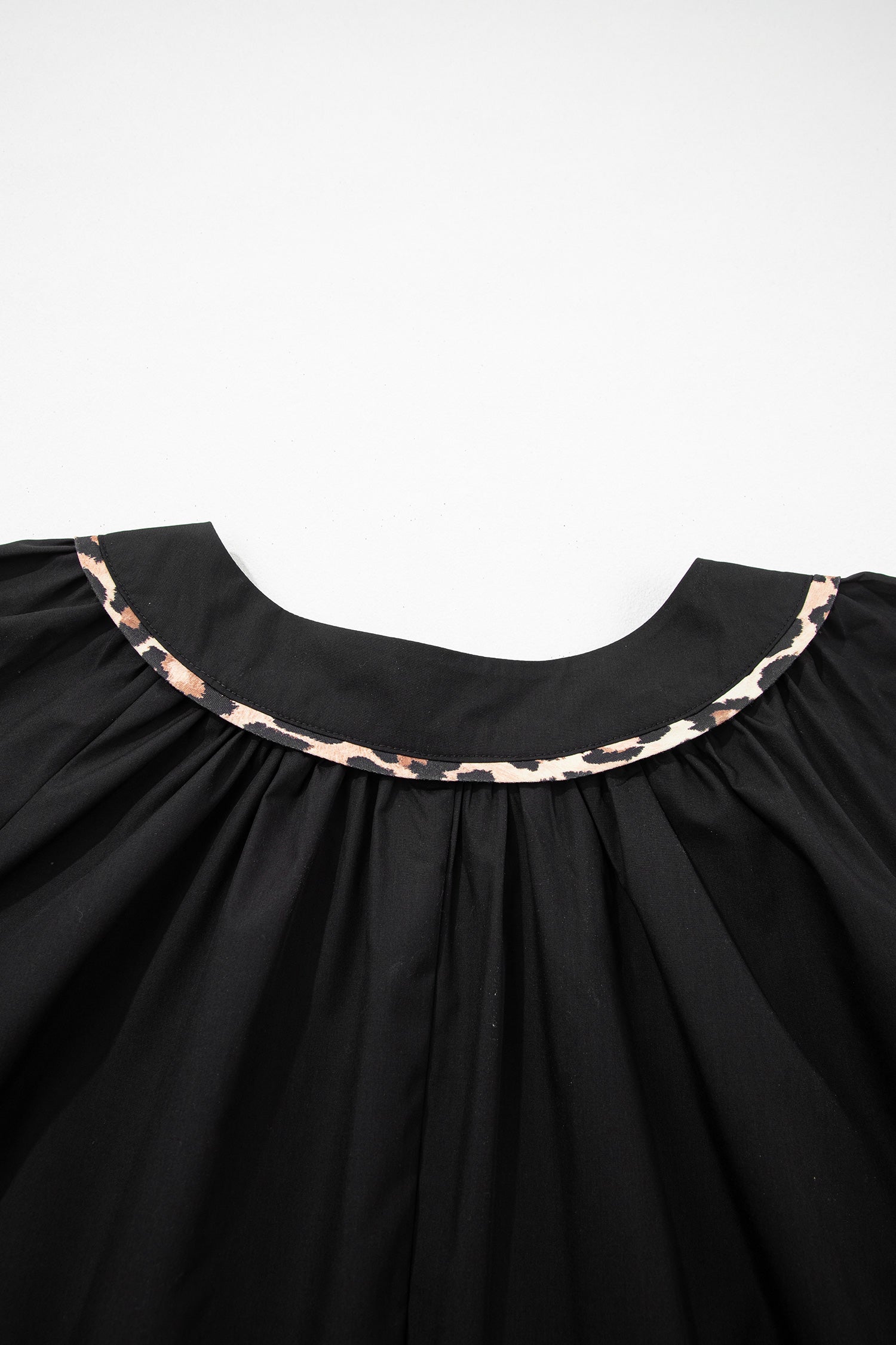 Black Plus Size Split Neck Leopard Trim Flounced Long Sleeve Blouse