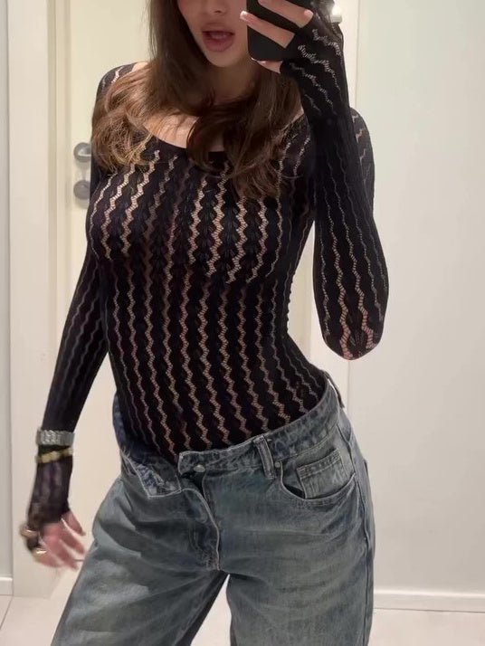 Black Sexy See-through Long-sleeved Bodysuit