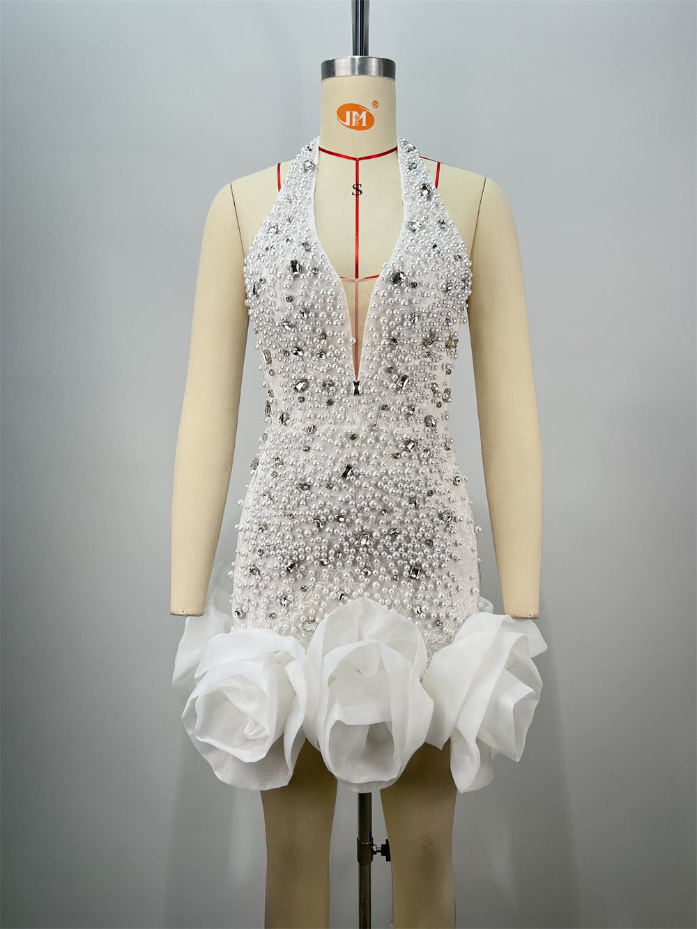 White Halter Slim Beaded Sleeveless Mesh Pleats Mini Dress