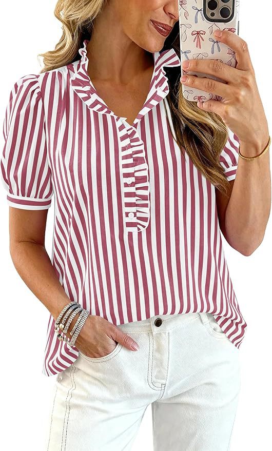 Puff-sleeve Striped Plaid Ruffled V-neck Button-up Top