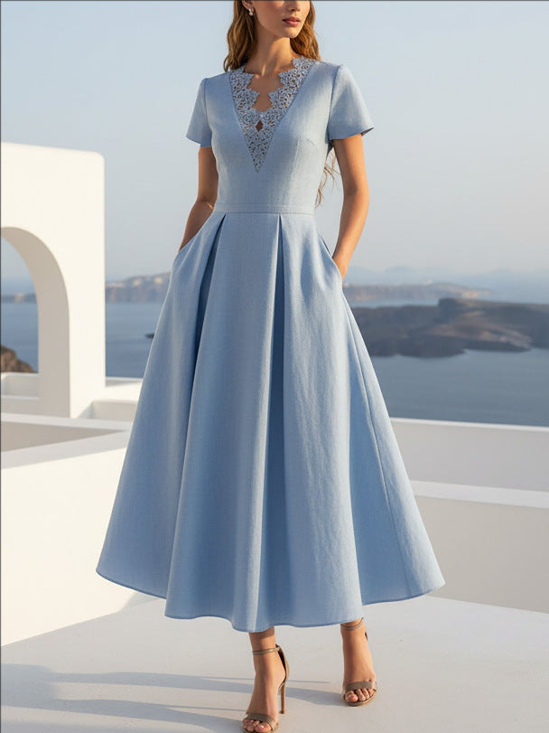 Womens French-Style V-Neck Lace-Waisted Short-Sleeve Dress