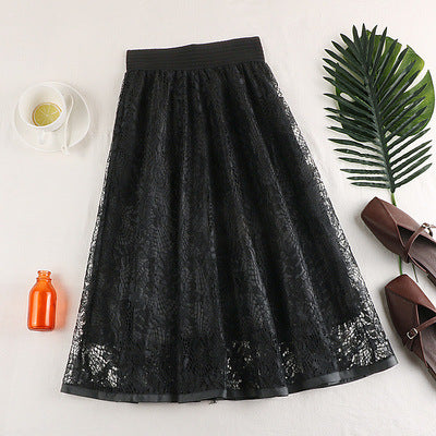 Spring And Summer Elastic High Waist Slimming Lace Crochet Hollow Large Swing A- Line Umbrella Skirt