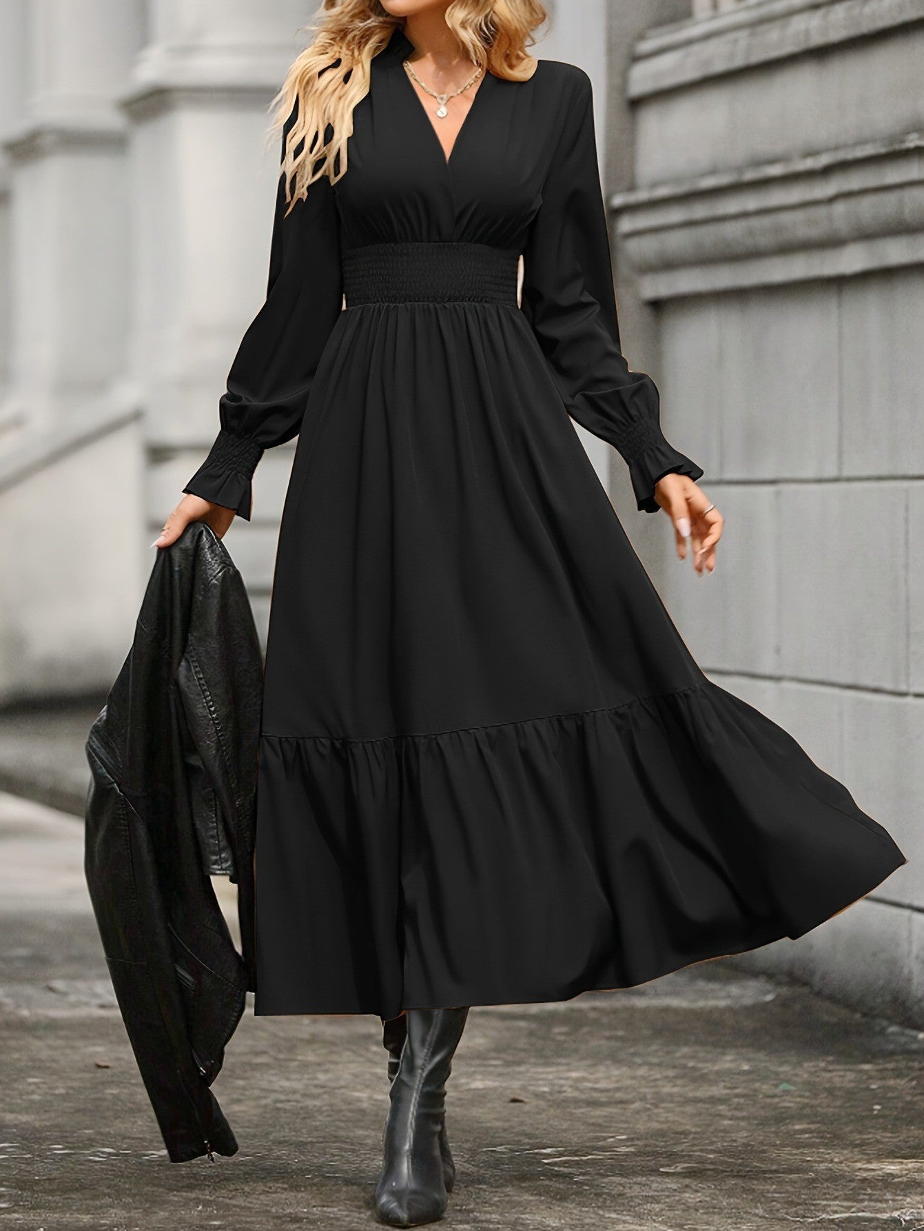 Women's Fashion Lantern Long Sleeve V-neck Dress