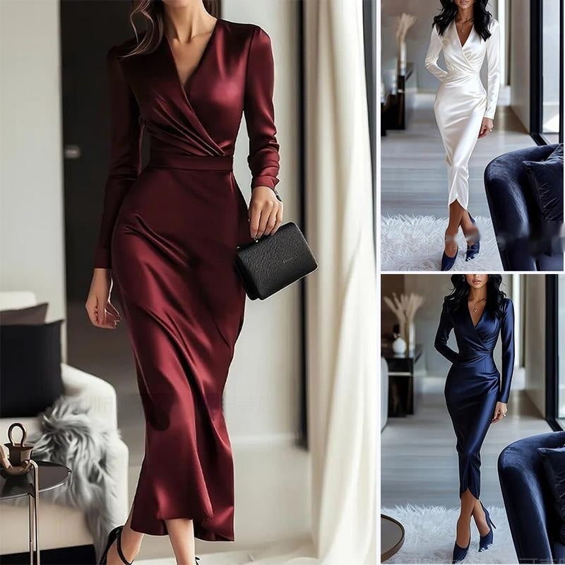 Womens Solid-Color Satin V-Neck Bodycon Dress With A High-End Finish