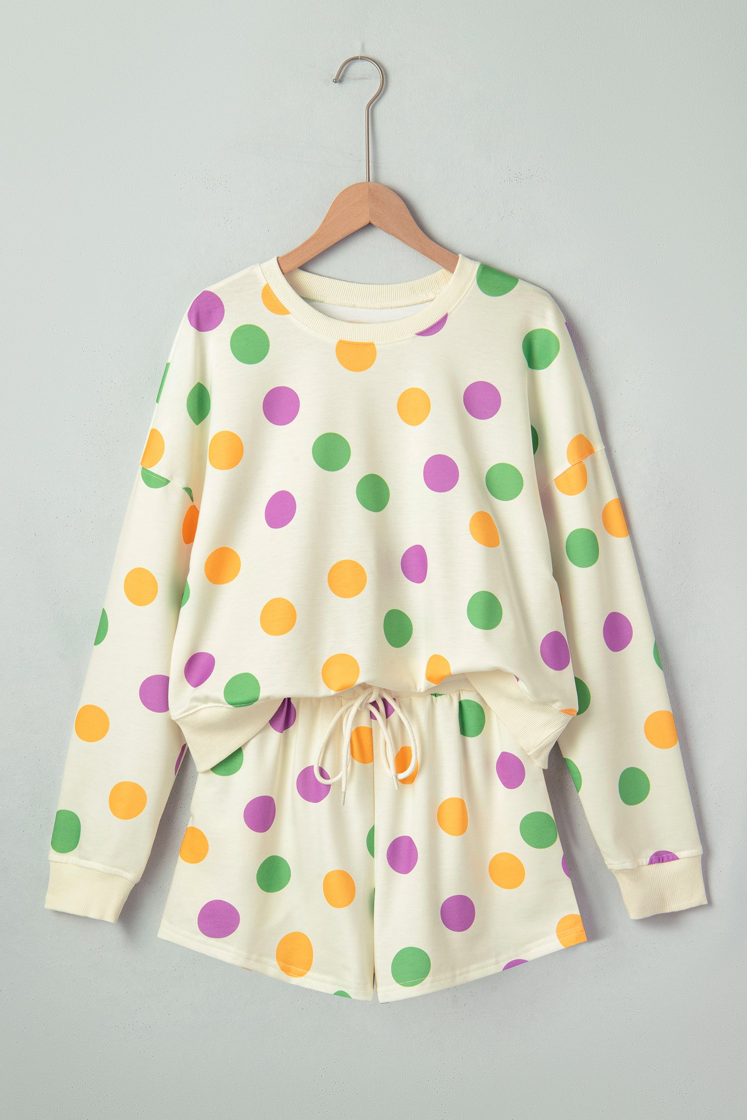 Multicolour Polka Dot Print Drop Shoulder Pullover Drawstring Shorts Set