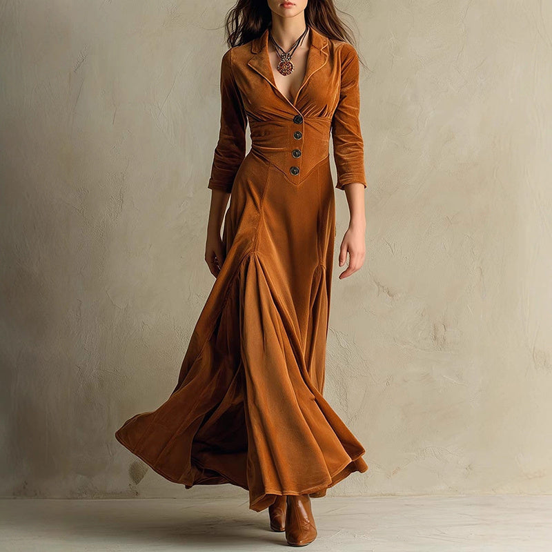 Women's Solid Color V-Neck Long Dress With Button Front And Flowy Skirt, Elegant Maxi Dress For Spring Fall