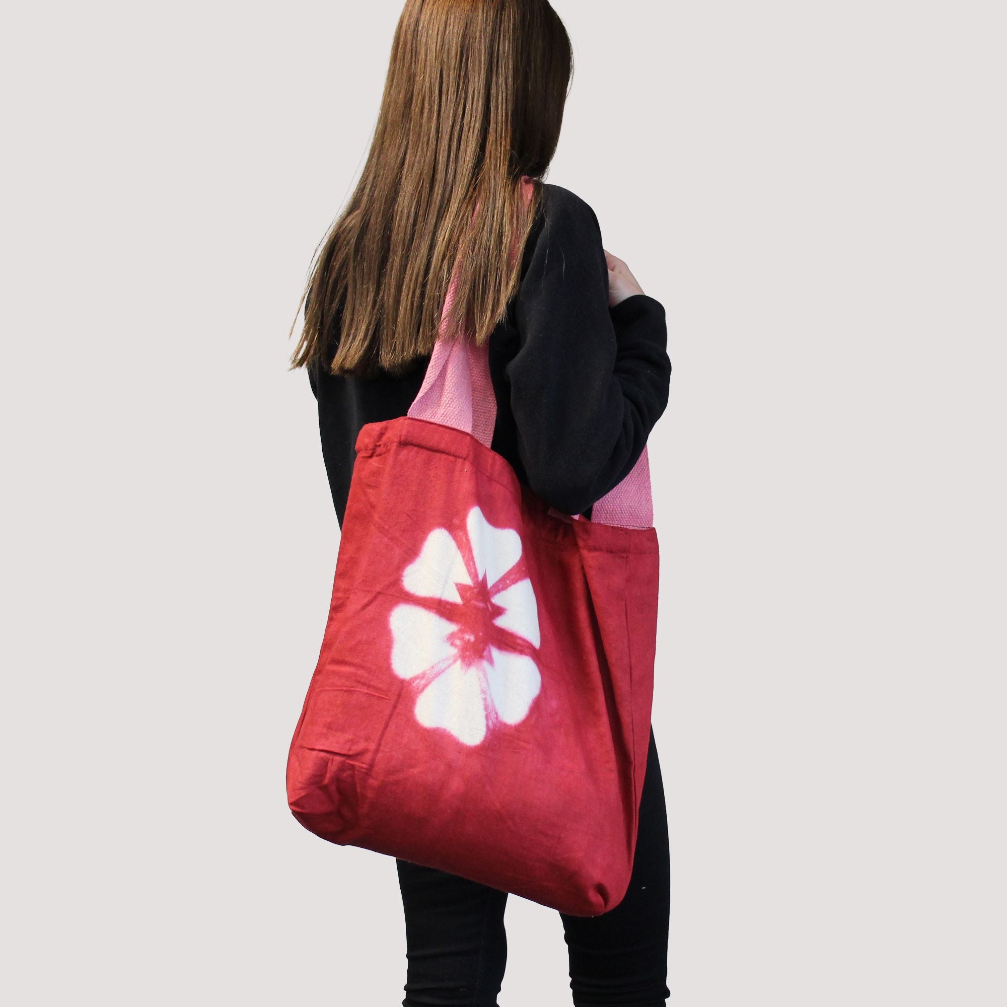 Natural Tye-Dye Cotton Bag (8oz) - 38x42x12cm - Maroon Flower - Pink Handle