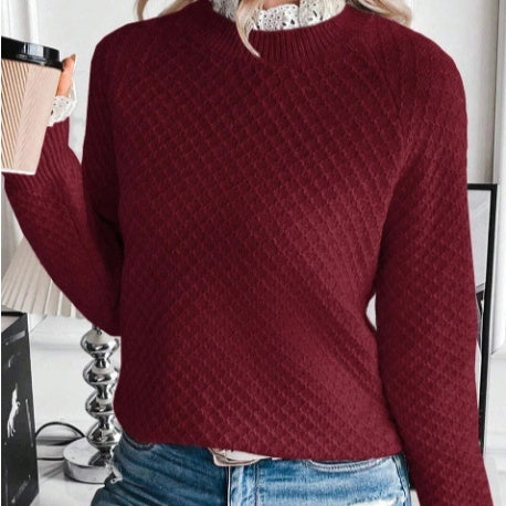 Burgundy Contrast Lace Frilled Trim Raglan Sleeve Sweater